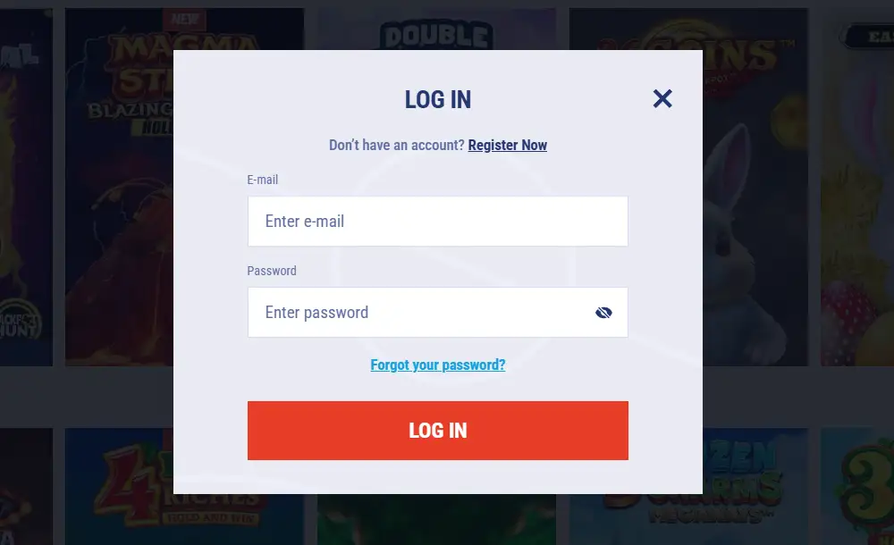 Tikitaka Casino login form popup with email and password fields