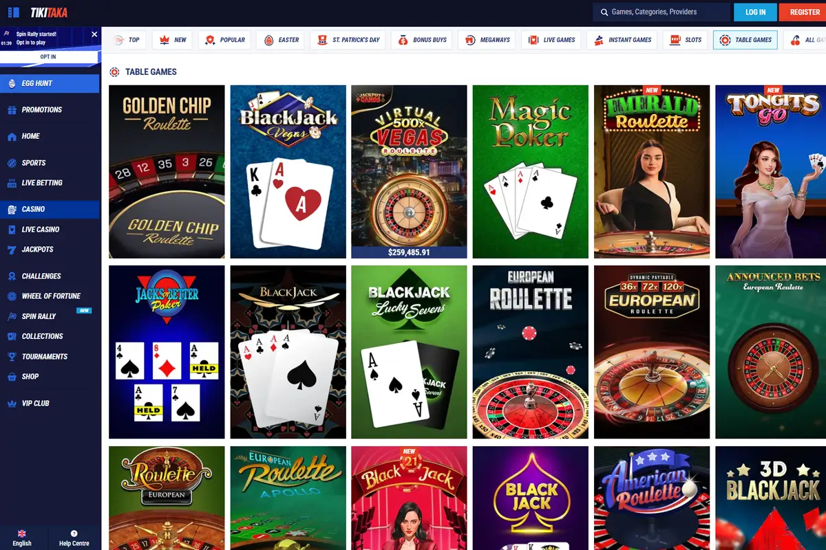 Tikitaka Casino table games interface and roulette blackjack