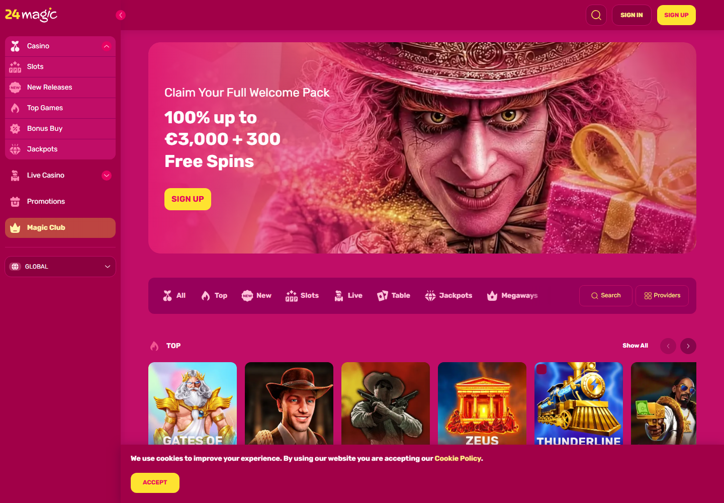 24Magic casino lobby with category navigation
